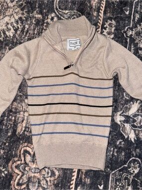 Toddlers Beige Half-Zip Sweater with Blue, Black & Brown Stripes 2T